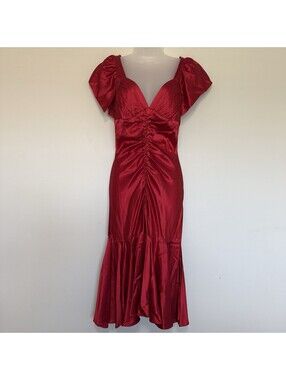 NWT VTG 90s Betsey Johnson Red Silk Dress Ruched Mermaid Hem Flowy Size 8